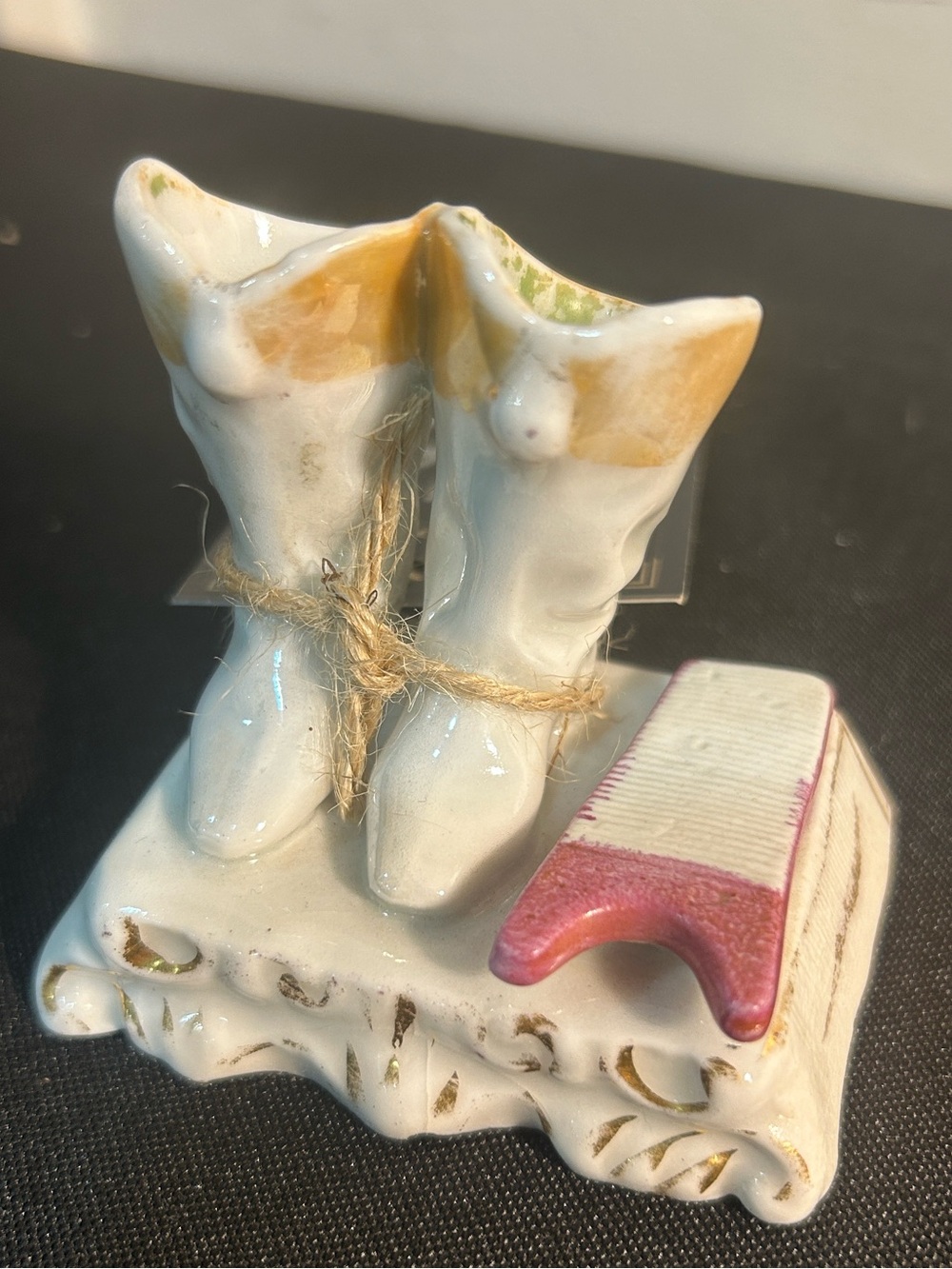 Match striker antique Hand-Painted Ceramic Boot Figurine with Pink Accent